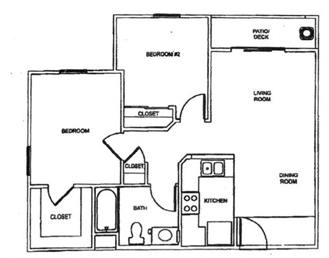 Floor plan for 2 beds, 1 bath, 735 sqft